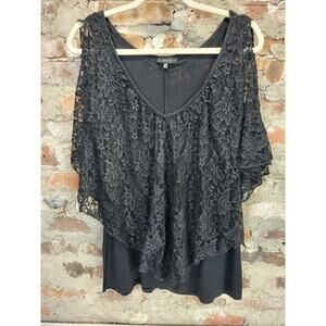Love J Womens Cold Shoulder Top Size 2X Plus Black Lace Overlay Blouse
